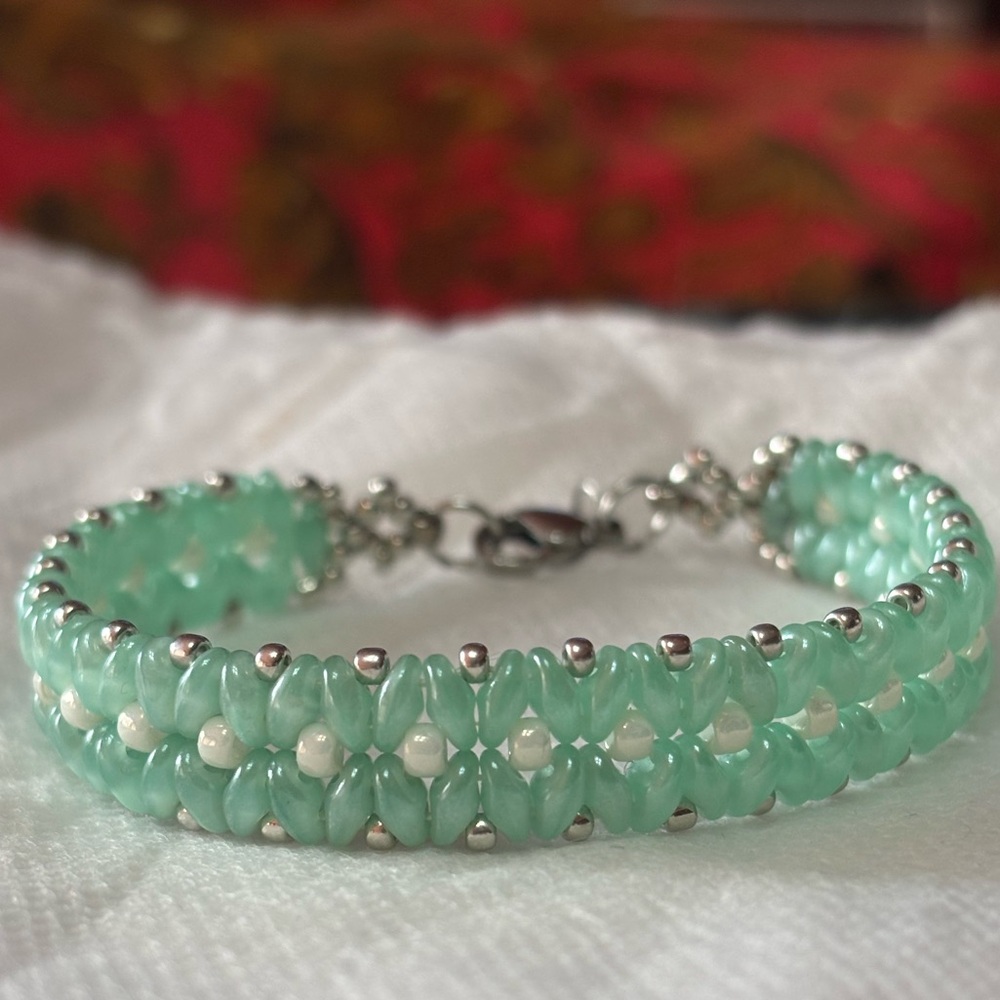 Elegant Hand Crafted Aqua Green and White Beaded Bracelet